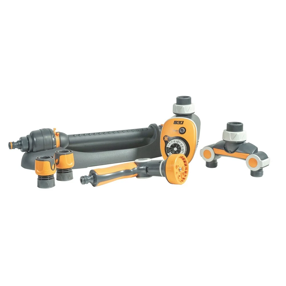 Sprinkler, Watering Timer, Nozzle, Quick-Connect, and Dual-Tap Connector