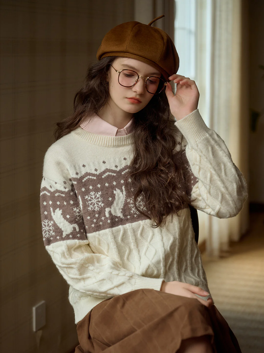 Exclusive Cat & Snowflake Jacquard Round Neck Fair Isle Sweater