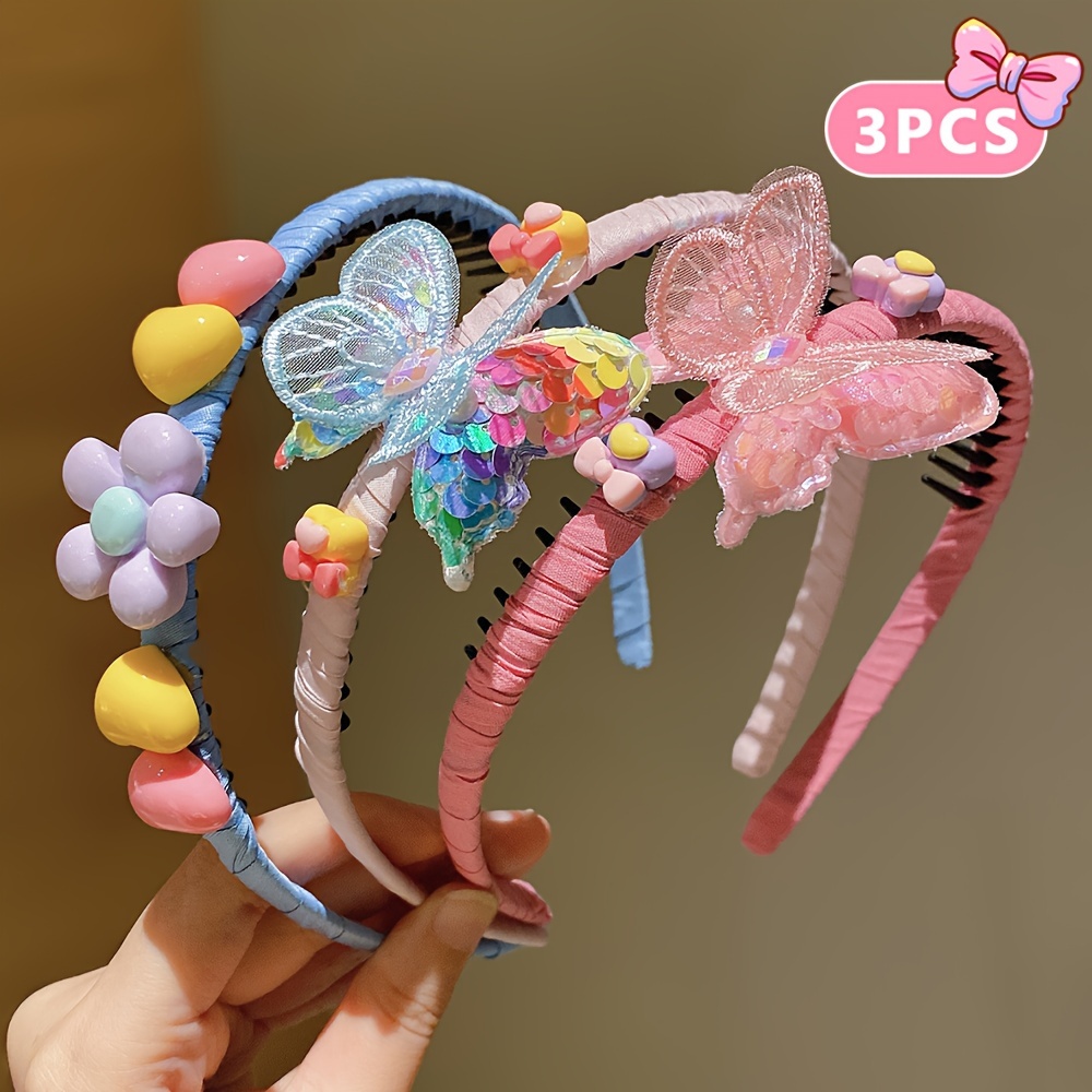 3pcs LEMON LOVEO Colorful Butterfly Hair Bands for Girls - Non-Slip, Comfort Fit Headbands with Resin & Polyester, All-Season Versatility, Mixed Colors - Ideal for Preventing Hair Slipping, Hair Accessories for Girls